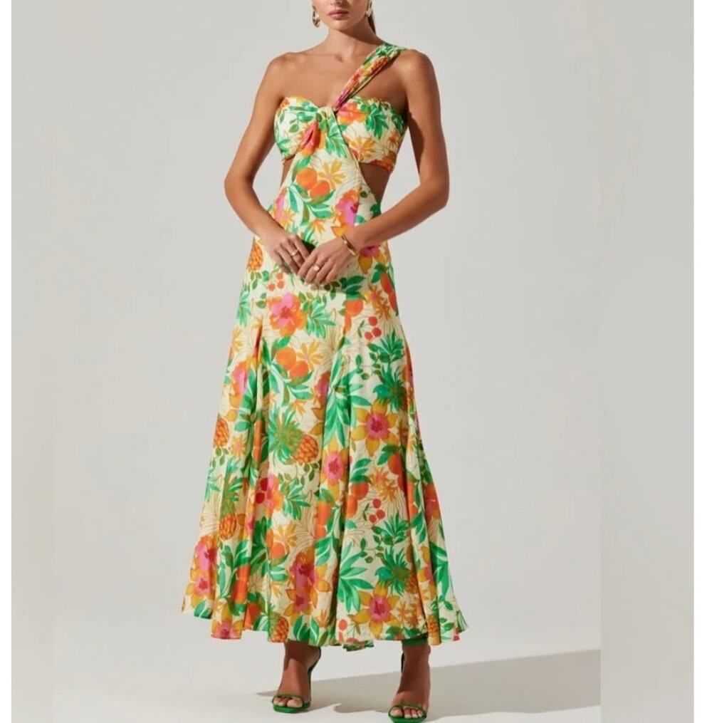 ASTR The Label Mezcal Maxi Dress One Shoulder Orange Green Floral NEW LARGE
